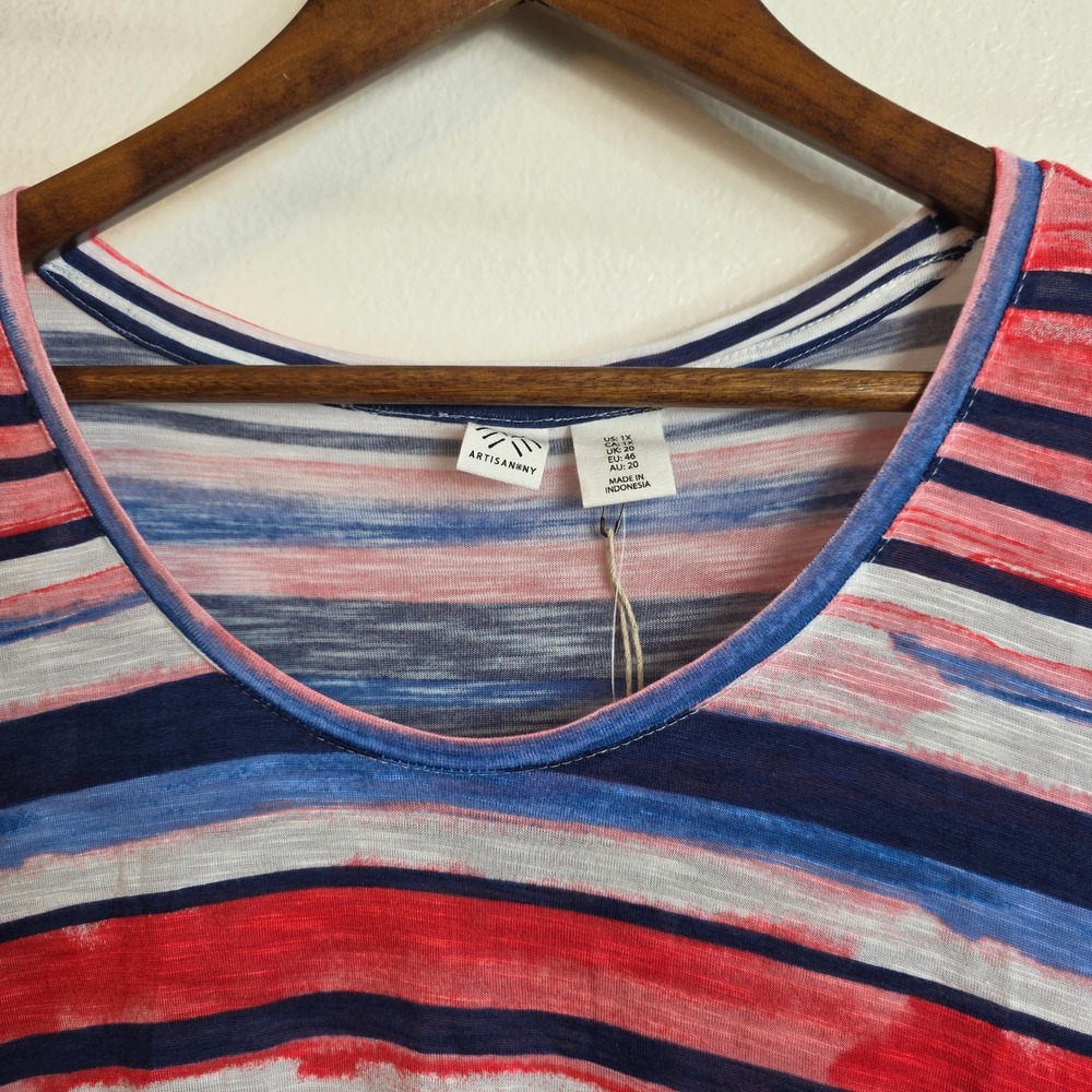 Artis A Nany Striped Tunic Top Red Blue White Scoop Neck Flowy Casual Tee 1X - Picture 5 of 15